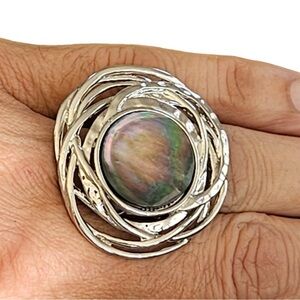 Abalone Statement Silver Framed Adjustable Ring